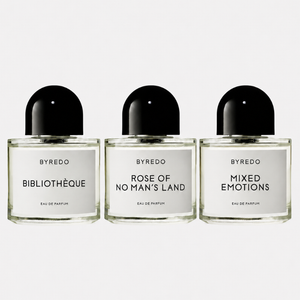 Byredo Discovery Set 2 – Bibliothèque, Rose of No Man's Land ir Mixed Emotions buteliukai – Aromatale
