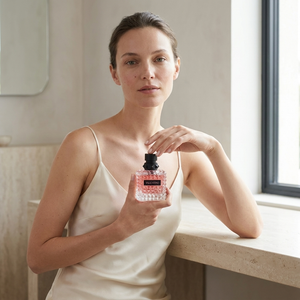 Valentino Born In Roma Donna Extradose Le Parfum kvepalų buteliukas modelio rankose – Aromatale