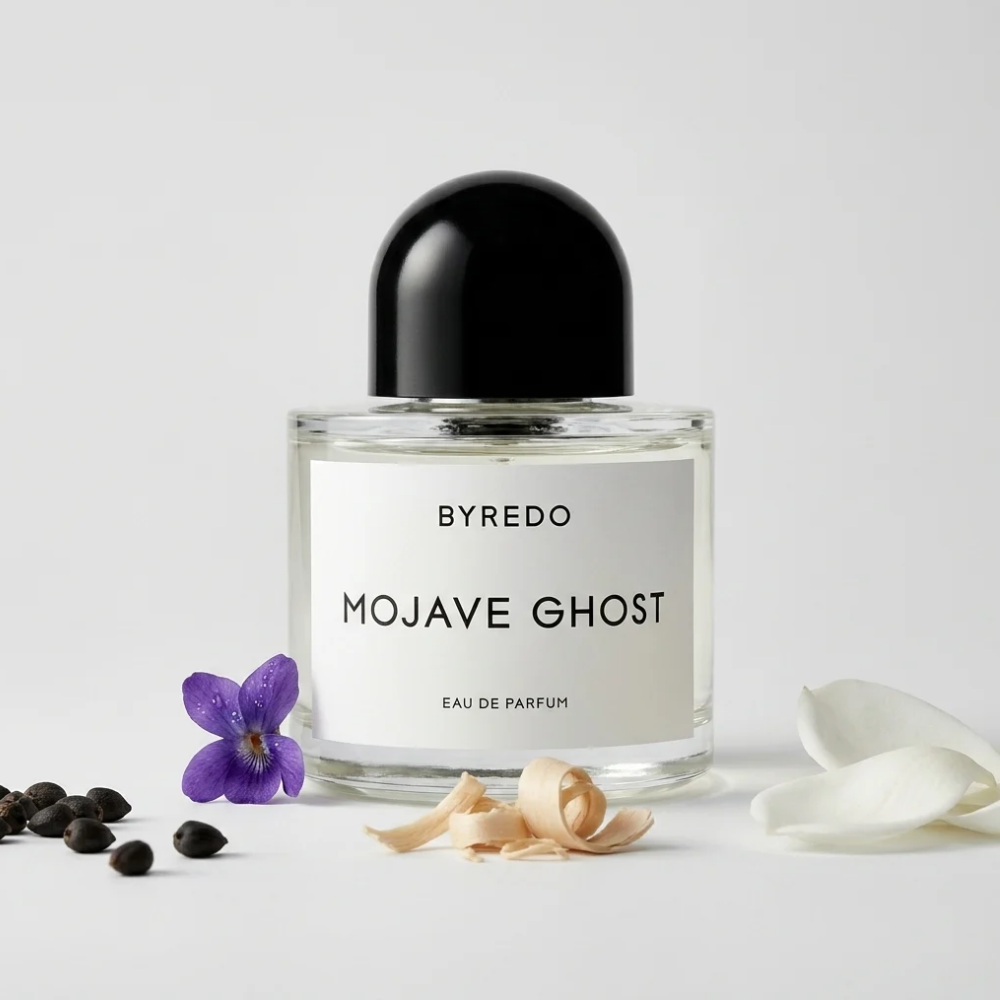 Byredo Mojave Ghost EDP hajuvesipullo kukka-asetelmassa – Aromatale