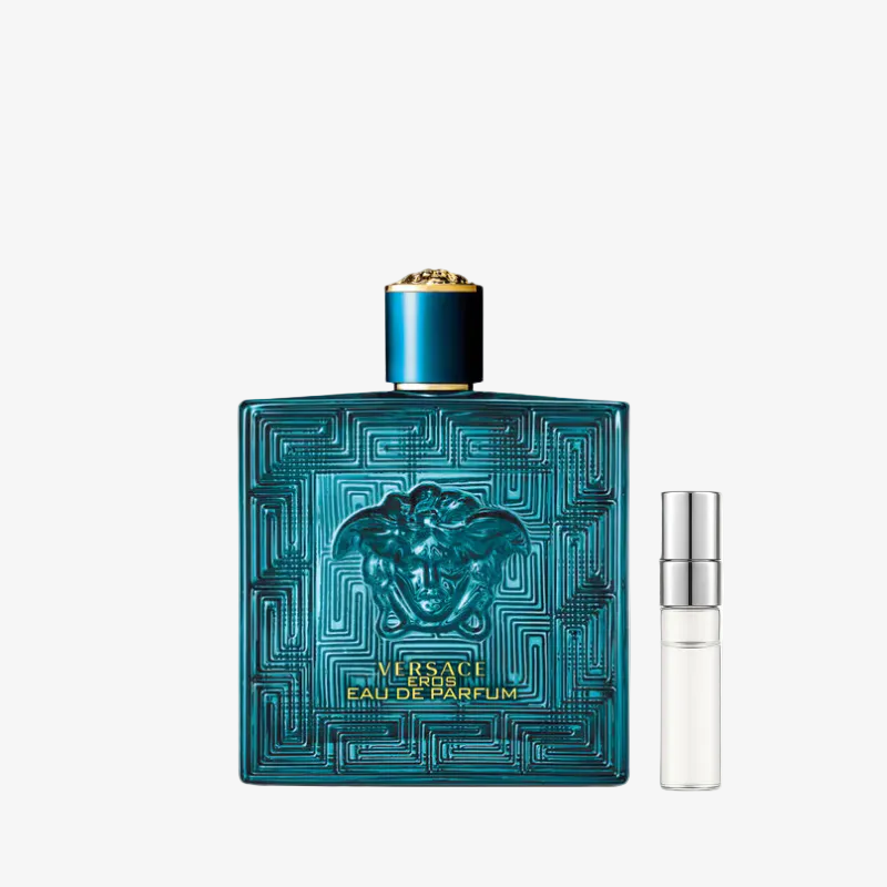 Versace Eros Eau de Parfum vyriški kvepalai. Firminis turkio spalvos buteliukas su Medūzos logotipu ir kvepalų mėginukas.