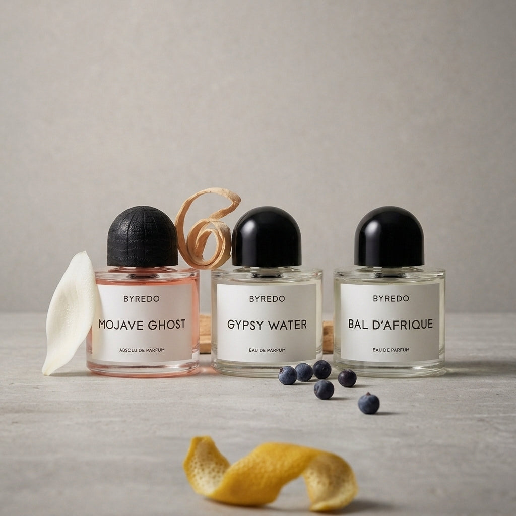 Byredo Discovery Set tuoksunäytteet 3×3 ml – Mojave Ghost, Bal d'Afrique, Gypsy Water, Aroma Tale