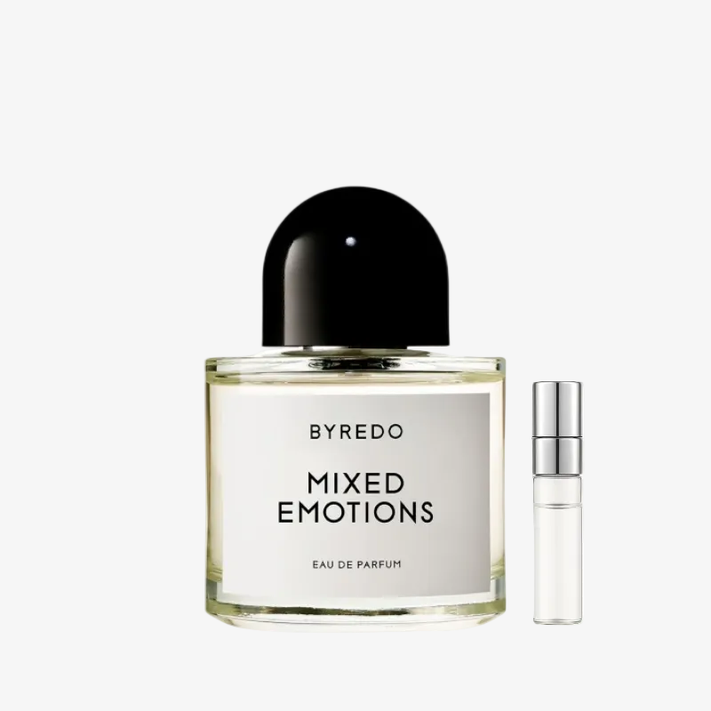 Byredo Mixed Emotions EDP -hajuvesipullo ja Aromatale-tuoksunäyte – mustan teen ja koivupuun tuoksu