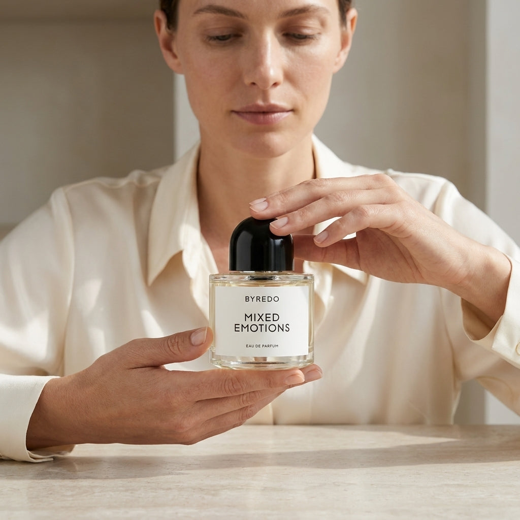 Byredo Mixed Emotions EDP smaržu pudele modeļa rokās – Aromatale