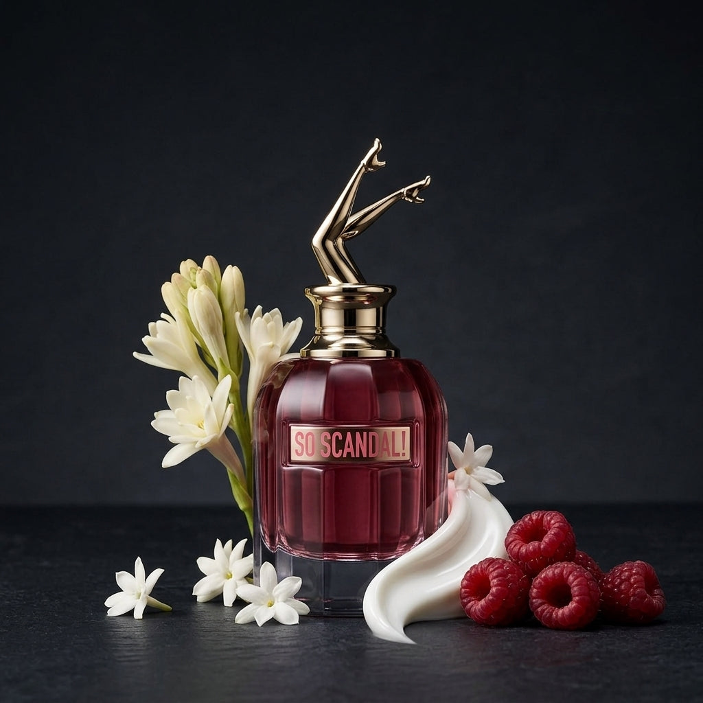 Jean Paul Gaultier So Scandal EDP hajuvesipullo kukka- ja marja-asetelmassa – Aromatale