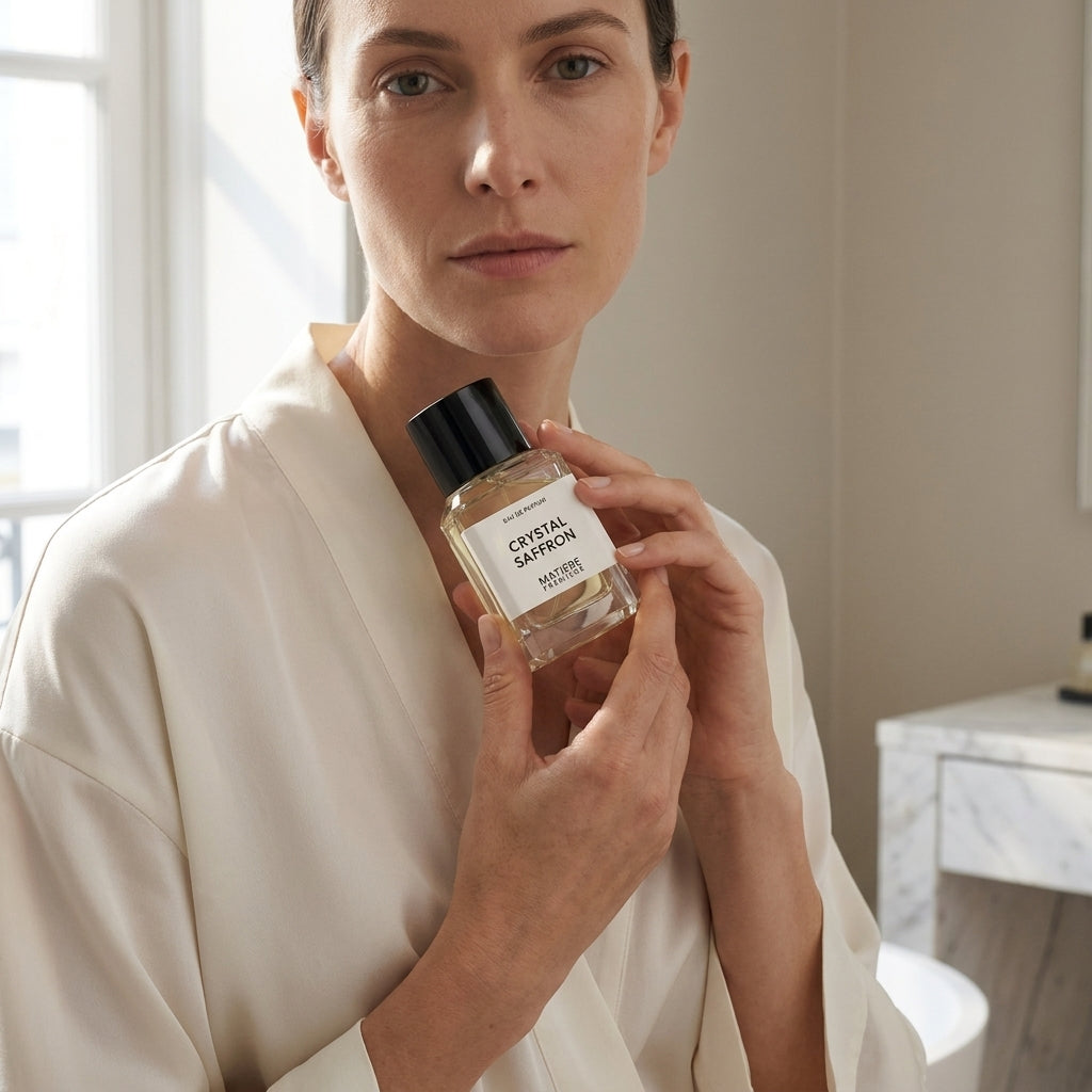 Matiere Premiere Crystal Saffron EDP kvepalų buteliukas modelio rankose – Aromatale