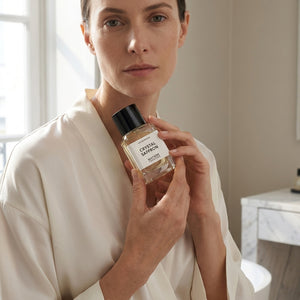 Matiere Premiere Crystal Saffron EDP kvepalų buteliukas modelio rankose – Aromatale