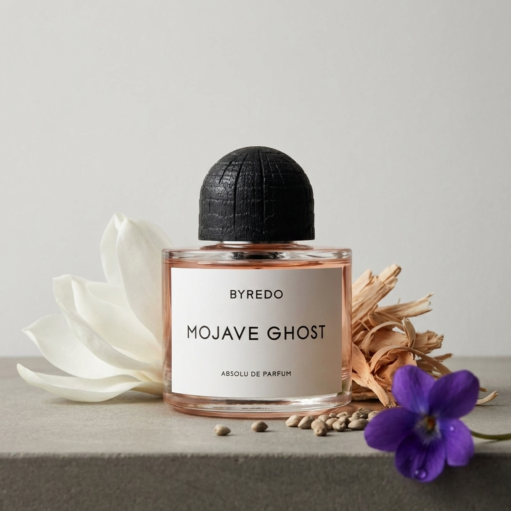 Byredo Mojave Ghost Absolu de Parfum hajuvesipullo tyylitellyssä asetelmassa – Aromatale