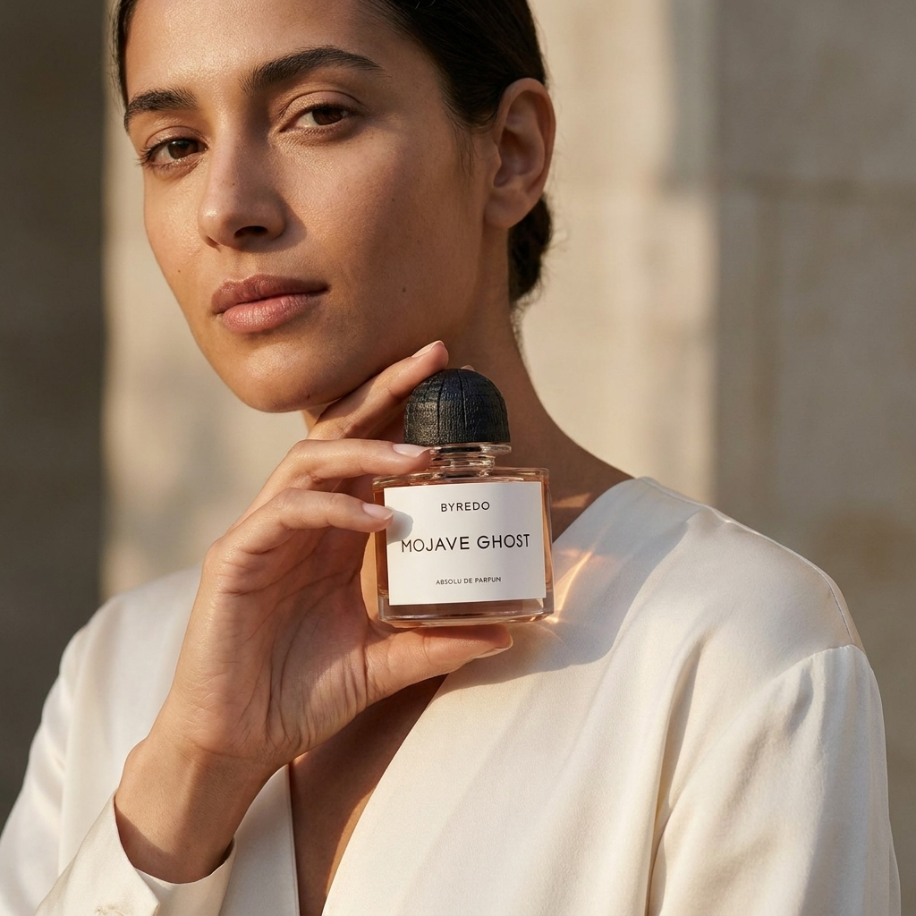 Byredo Mojave Ghost Absolu de Parfum hajuvesipullo mallin käsissä – Aromatale