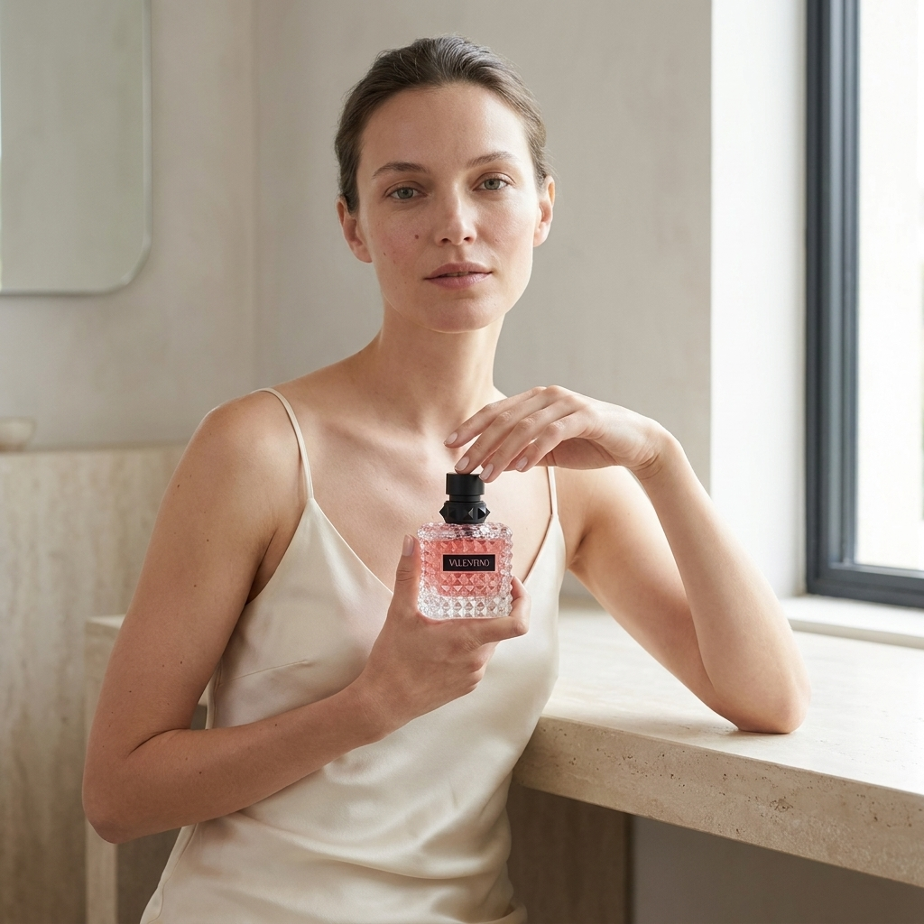 Valentino Born In Roma Donna Extradose Le Parfum kvepalų buteliukas modelio rankose – Aromatale