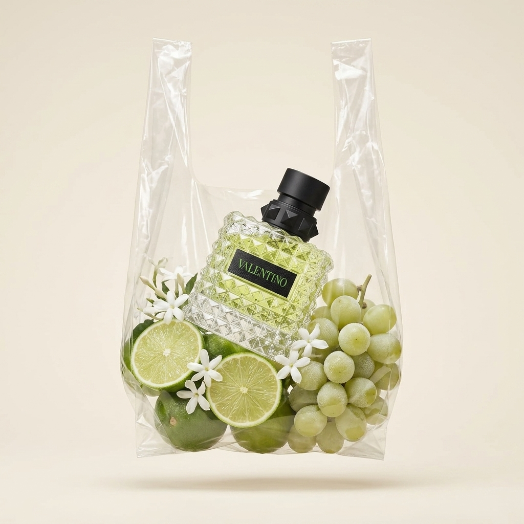 Valentino Donna Born In Roma Green Stravaganza EDP hajuvesipullo läpinäkyvässä pussissa hedelmien ja kukkien kanssa – Aromatale