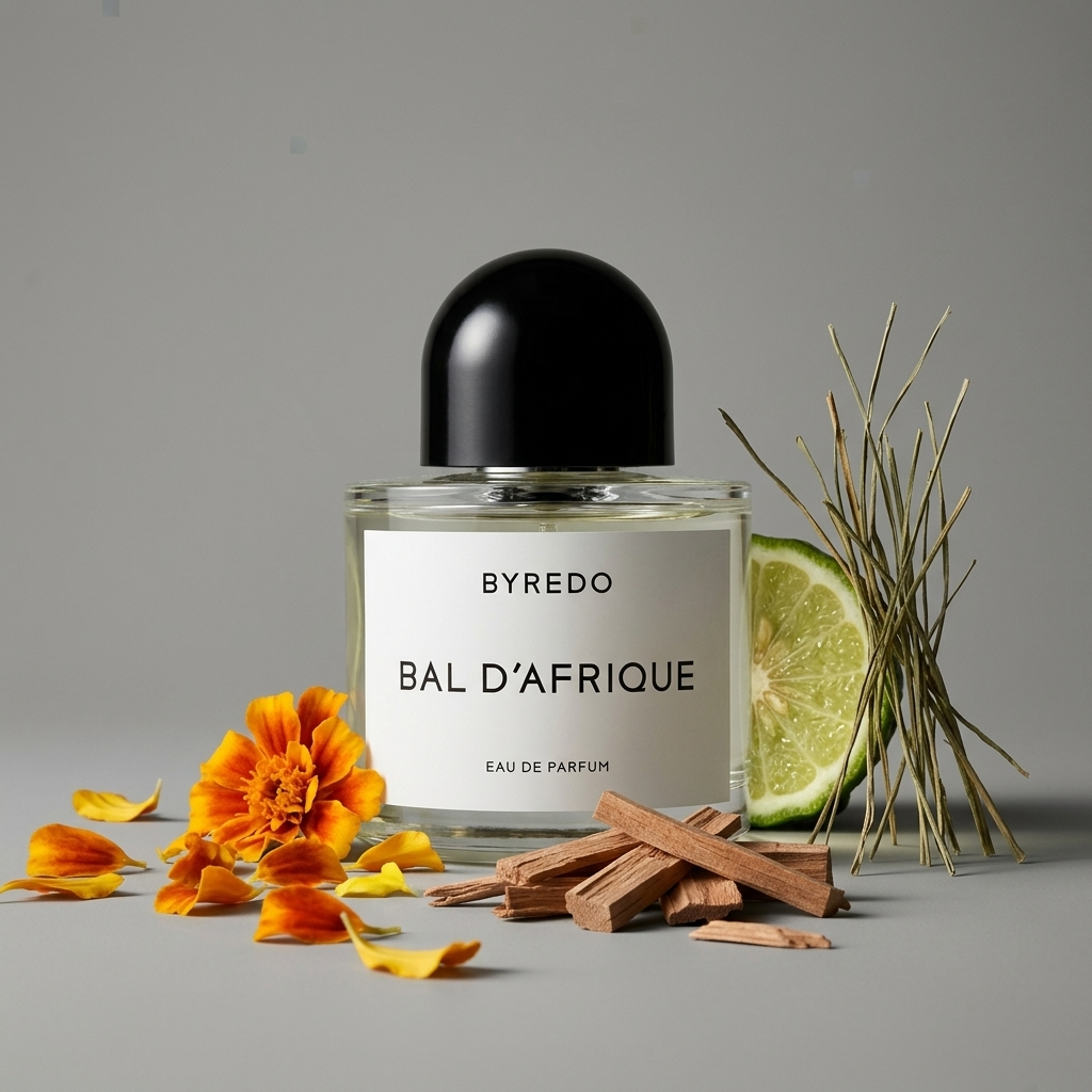 Byredo Bal d'Afrique EDP hajuvesipullo tyylitellyssä asetelmassa – Aromatale