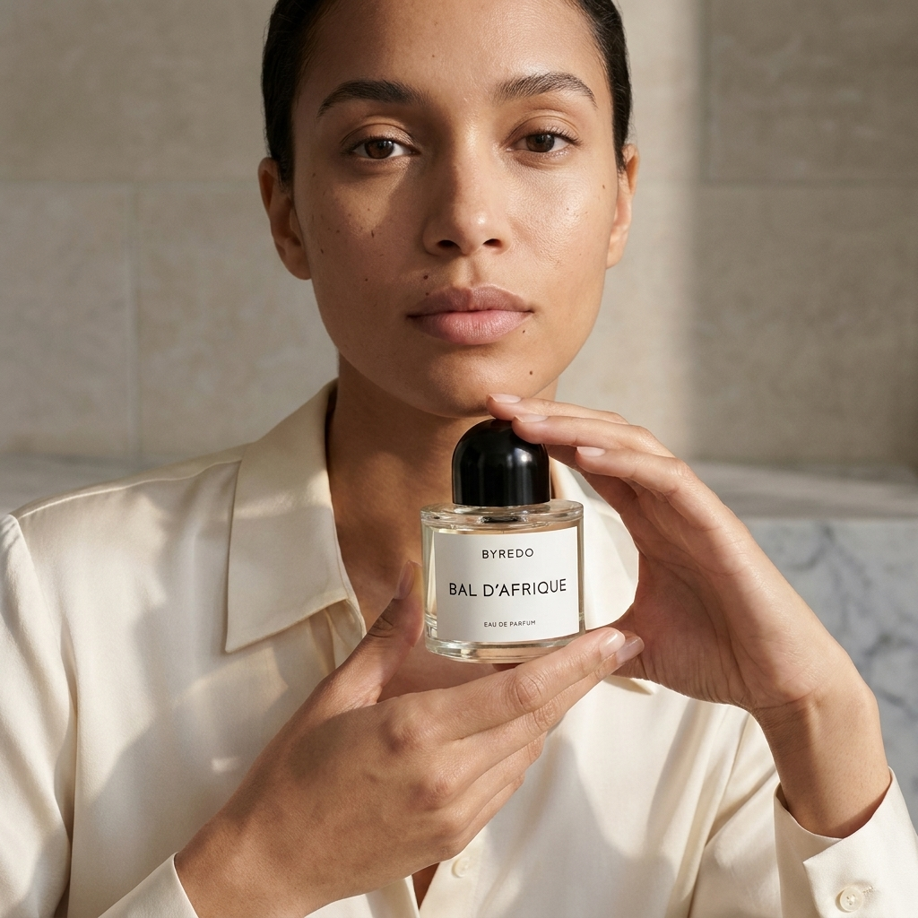 Byredo Bal d'Afrique EDP kvepalų buteliukas modelio rankose – Aromatale