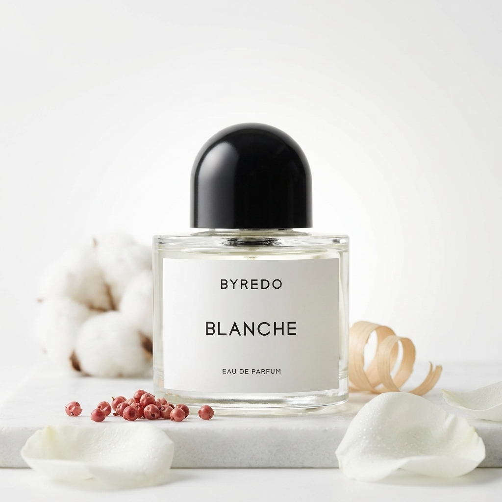 Byredo Blanche EDP hajuvesipullo valkoisessa asetelmassa – Aromatale