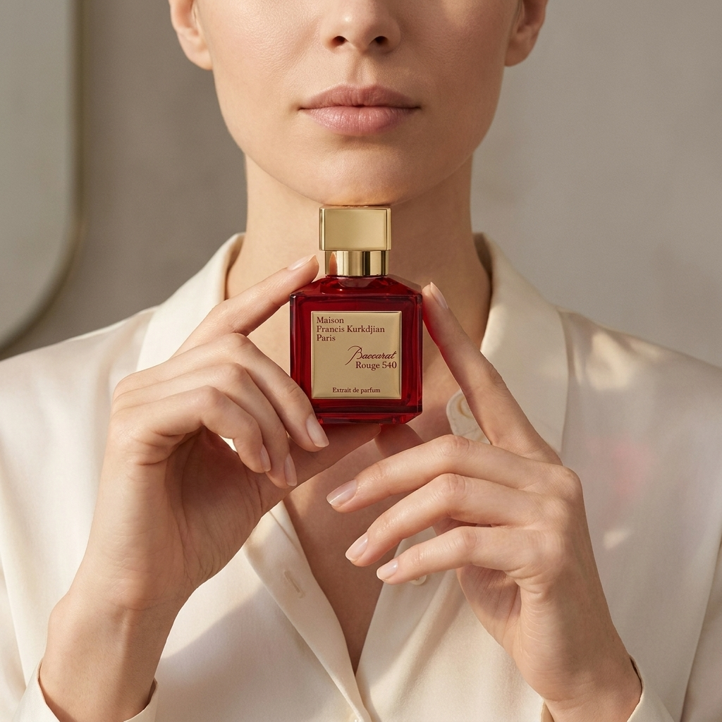 Maison Francis Kurkdjian Baccarat Rouge 540 Extrait kvepalų buteliukas modelio rankose – Aromatale