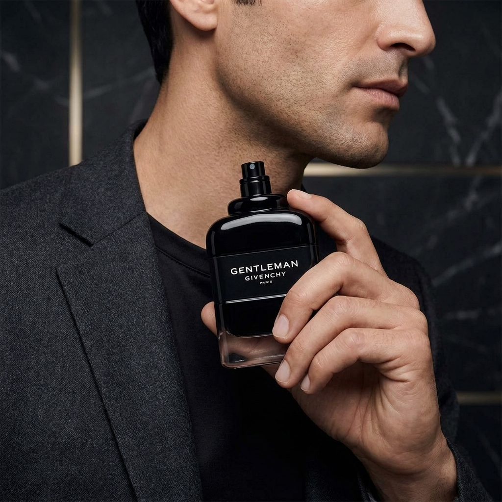 Mees hoiab Givenchy Gentleman EDP parfüümipudelit