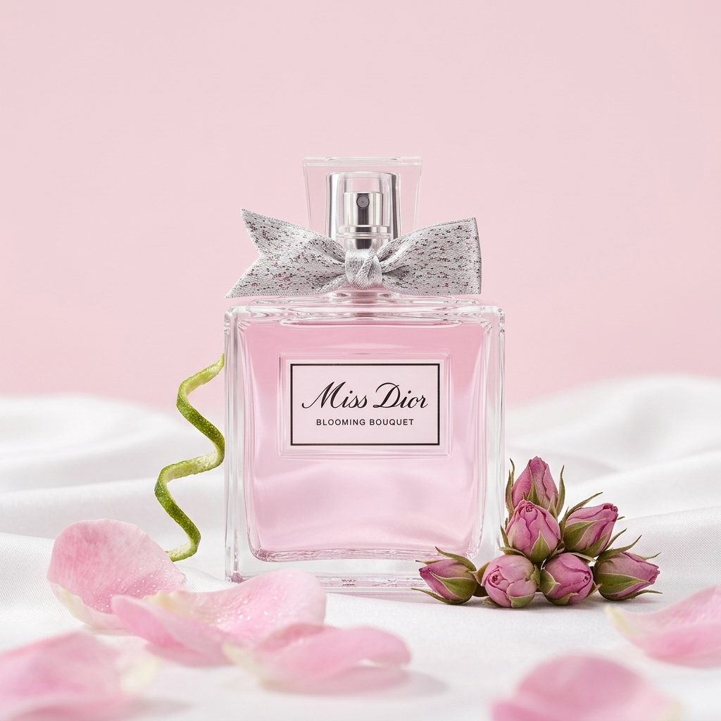 Miss Dior Blooming Bouquet EDT kvepalų buteliukas su rožių žiedlapiais