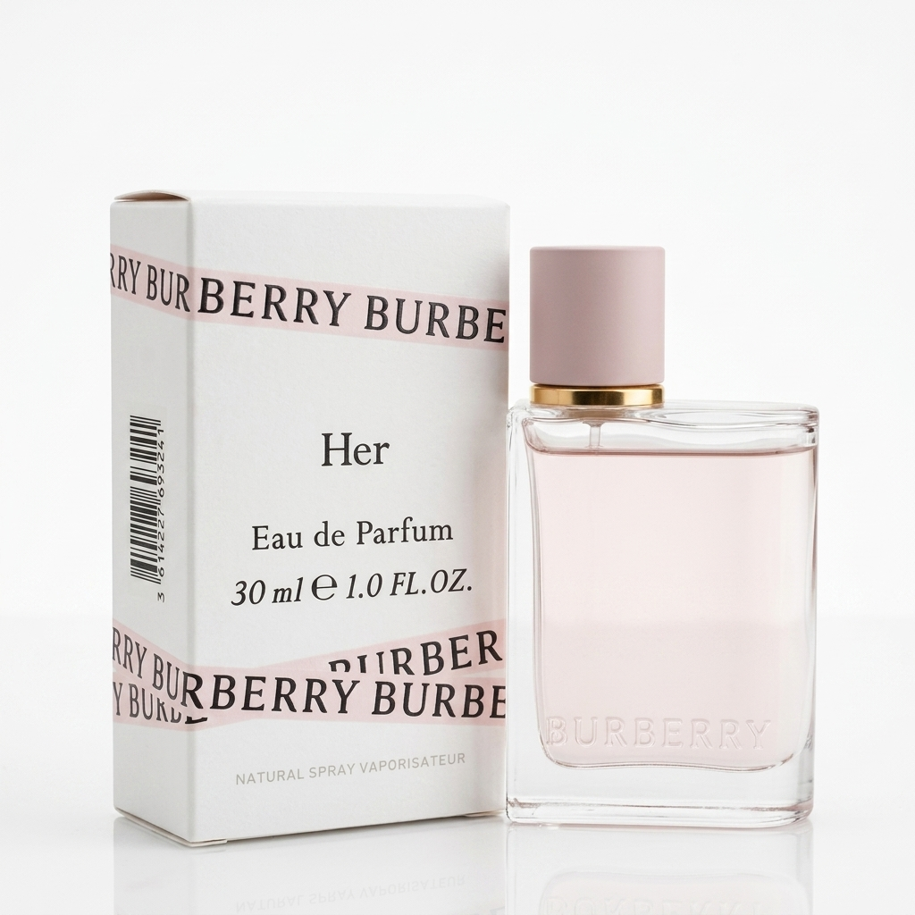 Burberry Her EDP kvepalų buteliukas ir pakuotė