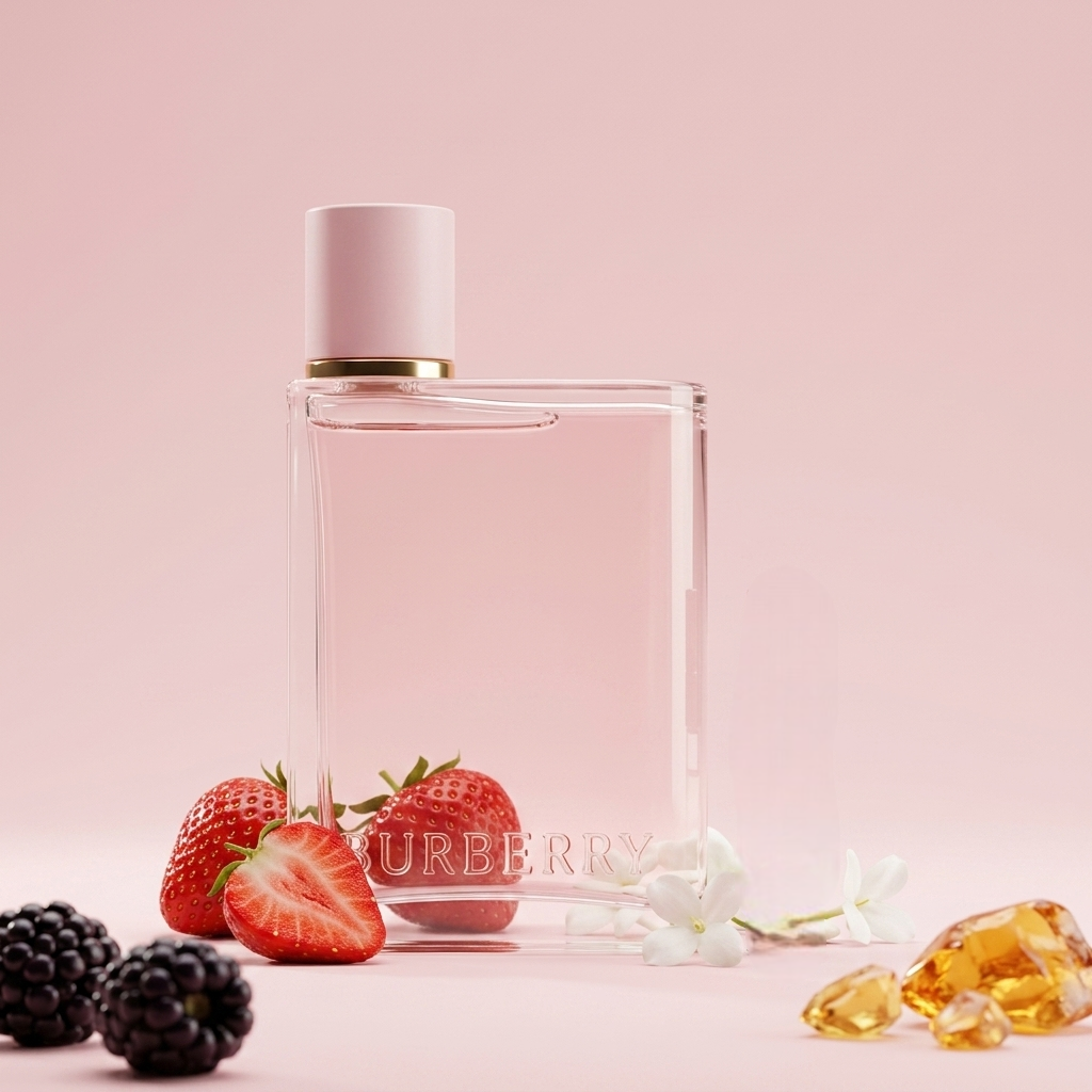 Burberry Her EDP parfüümipudel maasikate, põldmarjade ja valgete õitega